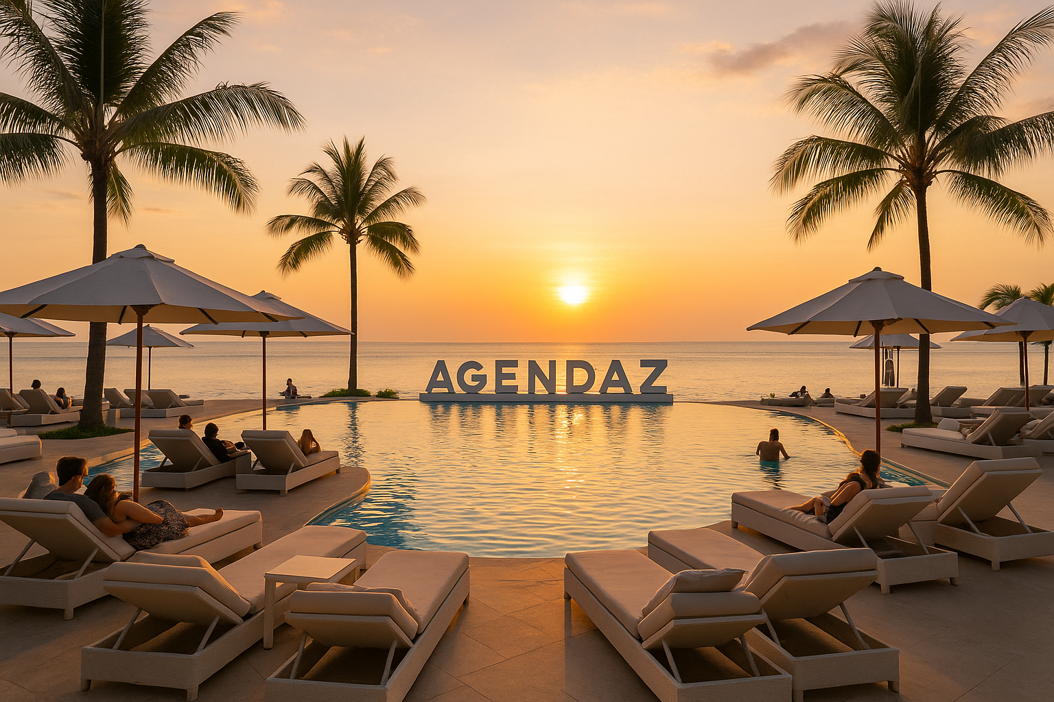 Suasana Agendaz Beach Club di Nusa Dua dengan kolam renang infinity menghadap laut dan tamu bersantai saat matahari terbenam