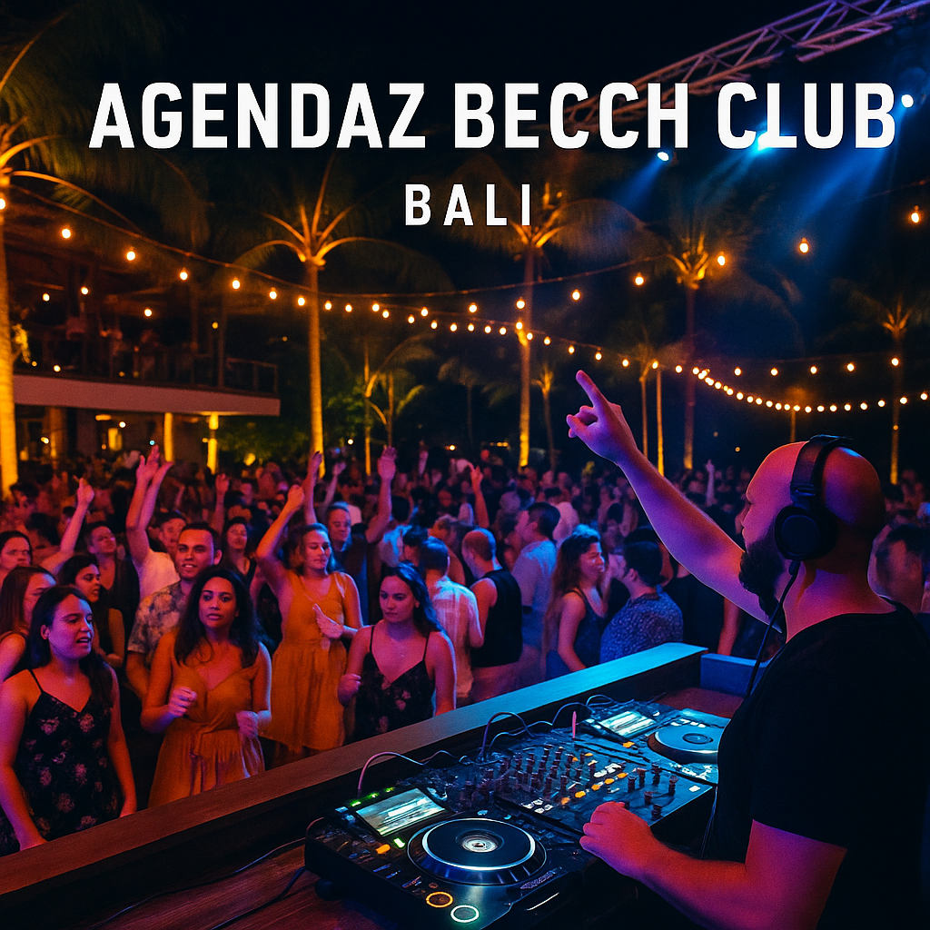 Suasana malam di Agendaz Beach Club Bali dengan DJ tampil di panggung, lampu warna-warni tropis, kolam infinity, dan pengunjung menari menikmati pesta di tepi pantai dengan nuansa mewah dan elegan.